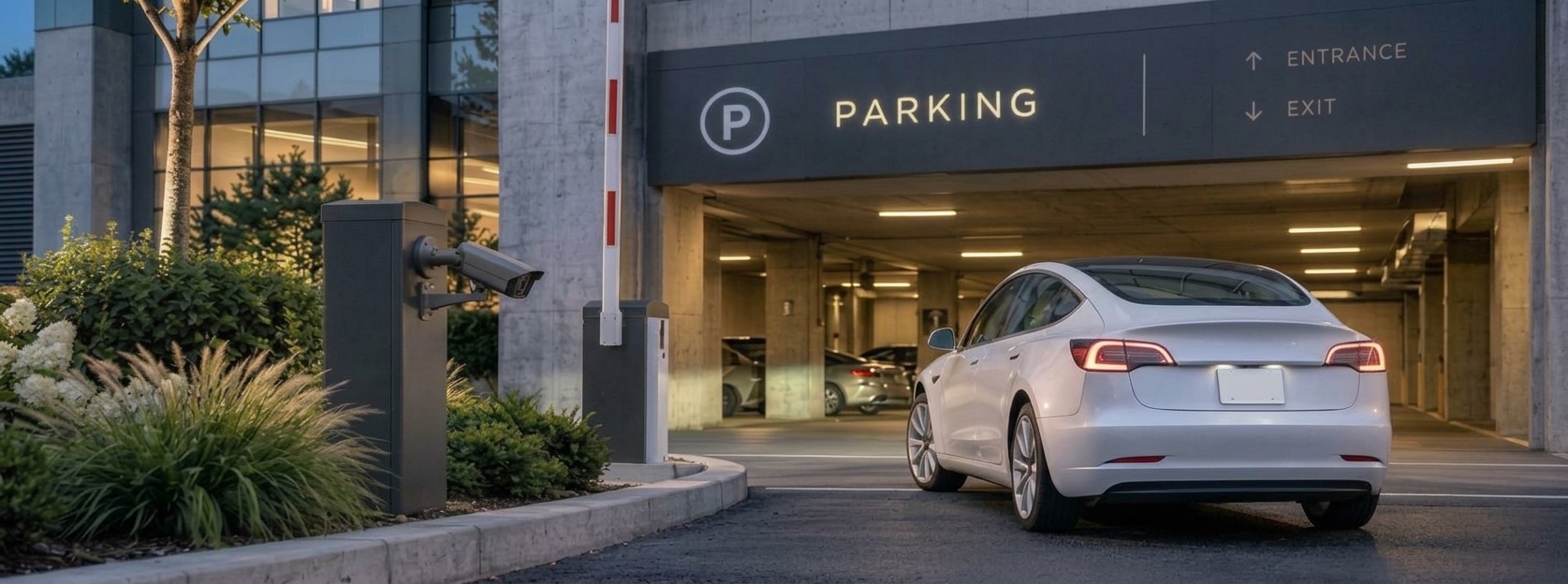 A white sedan approaching a parking garage entrance beside an LPR camera and raised barrier gate.