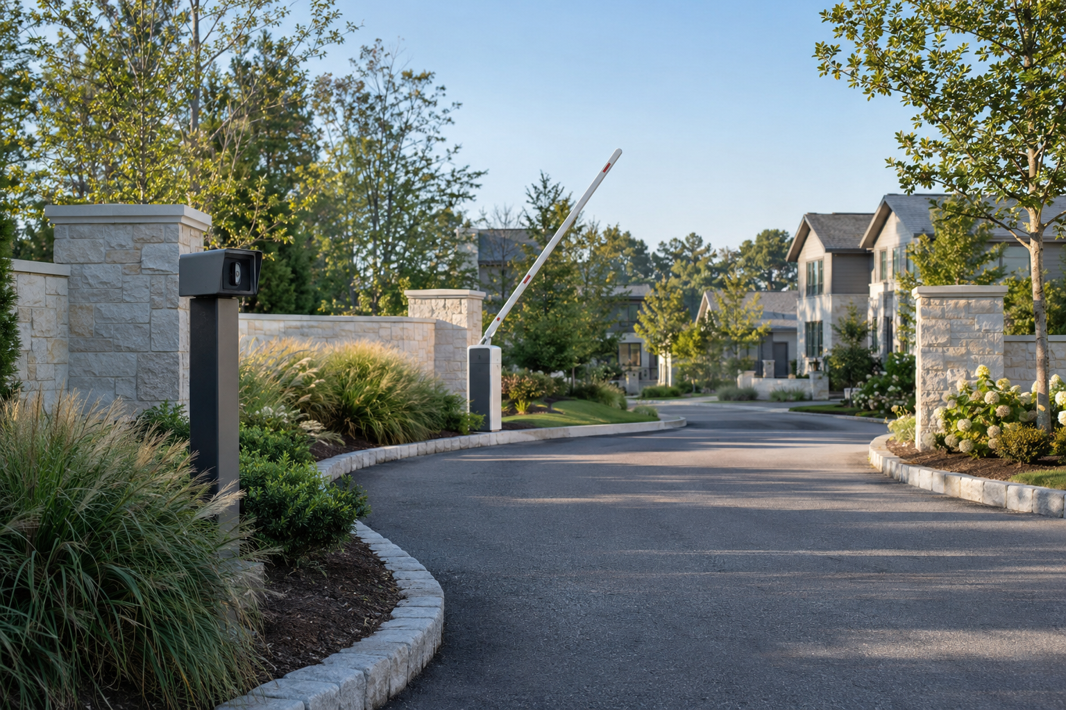 Illustrative residential property entrance with landscaping, a raised barrier arm, and a small camera.