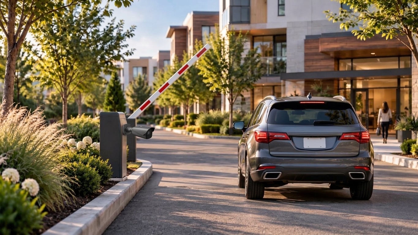 A gray SUV entering a landscaped residential community beside an LPR camera and raised barrier gate.